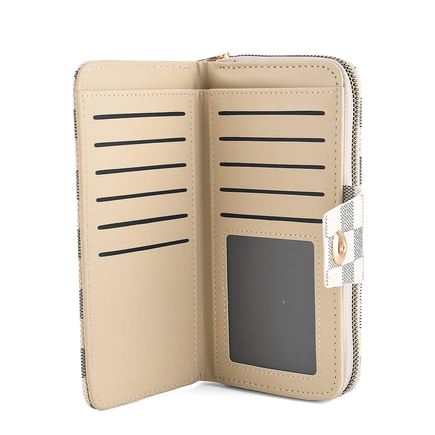 Set of 2 RFID Blocking Checkered Wallet and Compact Square Mirror - Beige