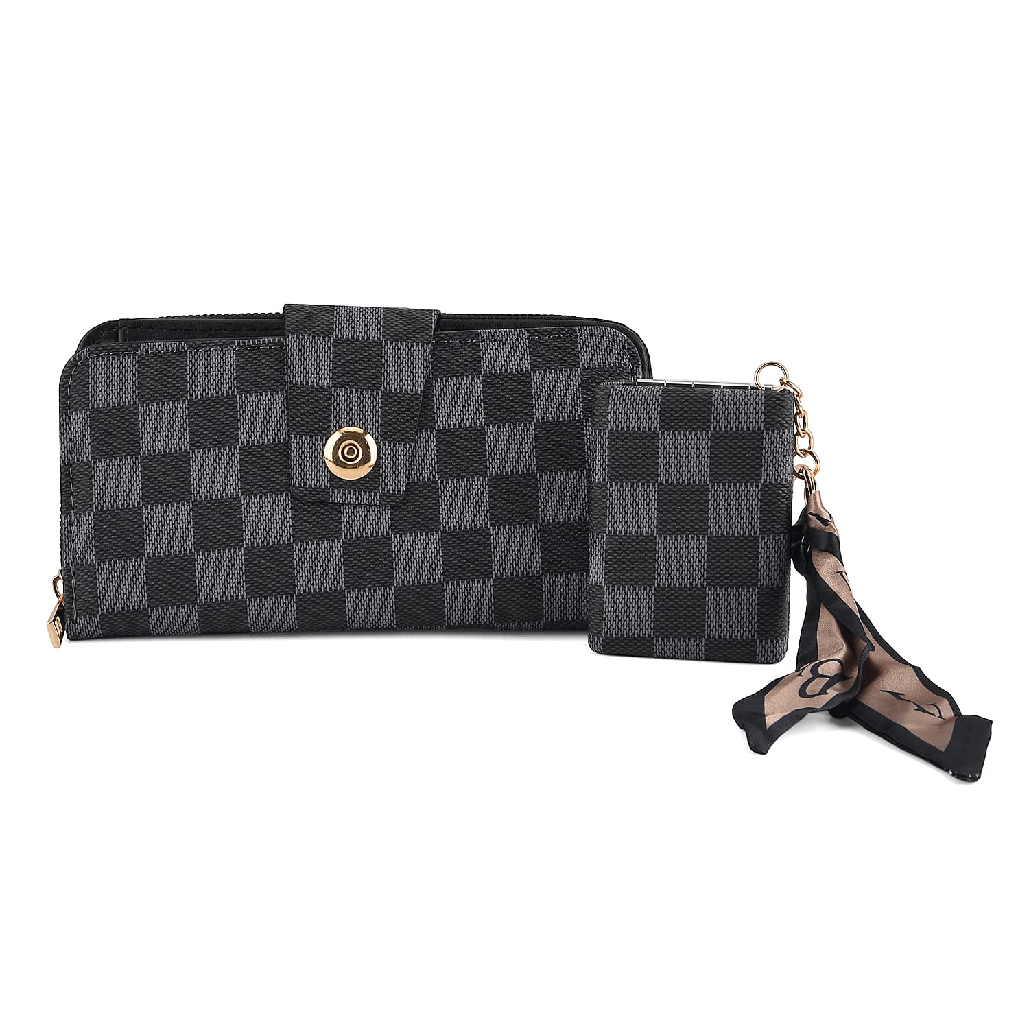 Set of 2 RFID Blocking Checkered Wallet and Compact Square Mirror - Black