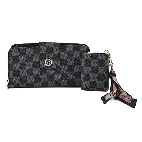 Set of 2 RFID Blocking Checkered Wallet and Compact Square Mirror - Black
