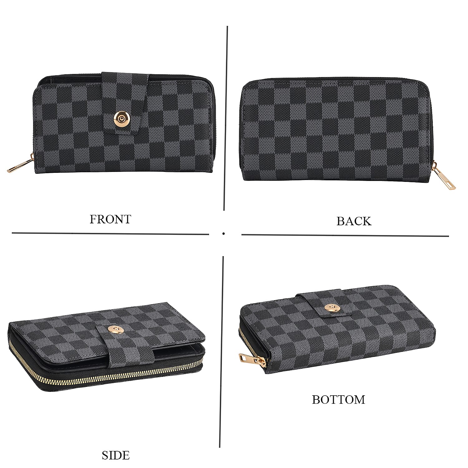 Set of 2 RFID Blocking Checkered Wallet and Compact Square Mirror - Black