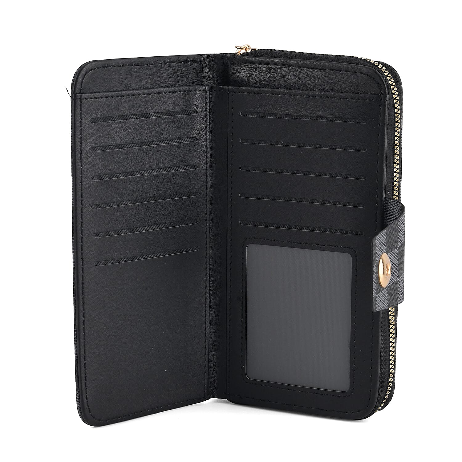 Set of 2 RFID Blocking Checkered Wallet and Compact Square Mirror - Black