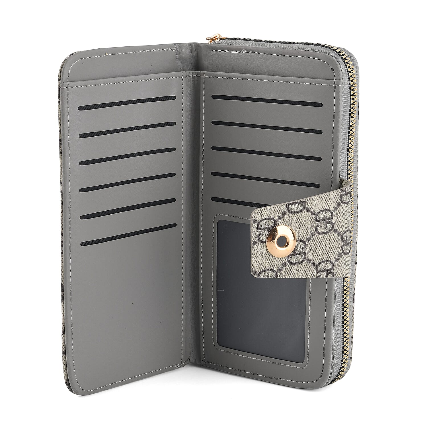Set of 2 RFID Blocking Checkered Wallet and Compact Square Mirror - Grey