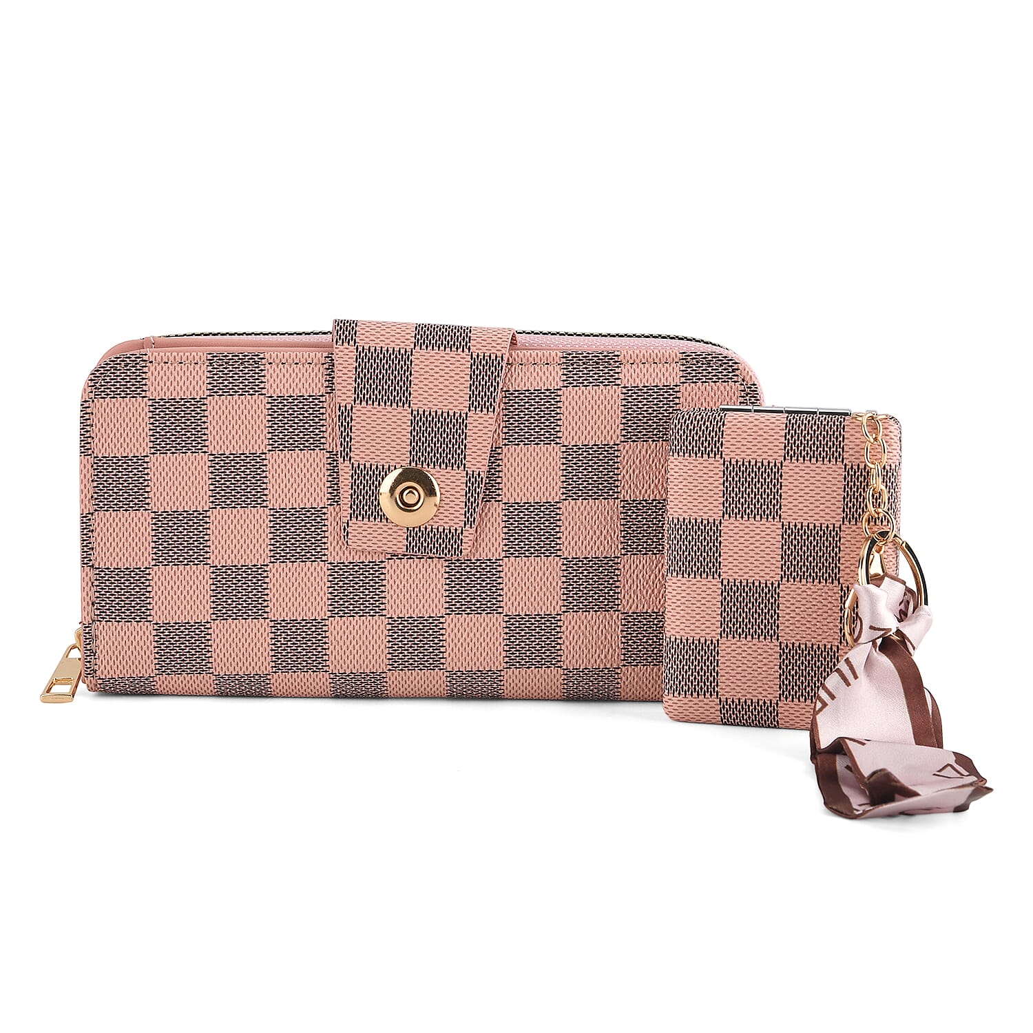 Set of 2 RFID Blocking Checkered Wallet and Compact Square Mirror - Pink