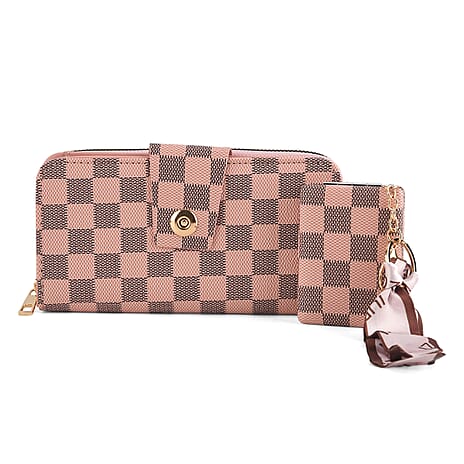 Set of 2 RFID Blocking Checkered Wallet and Compact Square Mirror - Pink