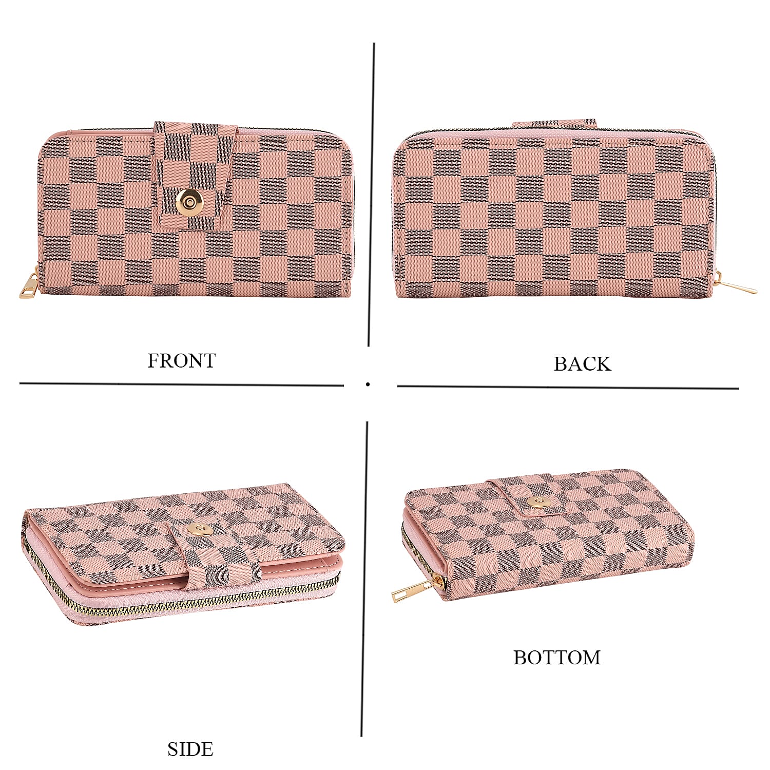 Set of 2 RFID Blocking Checkered Wallet and Compact Square Mirror - Pink