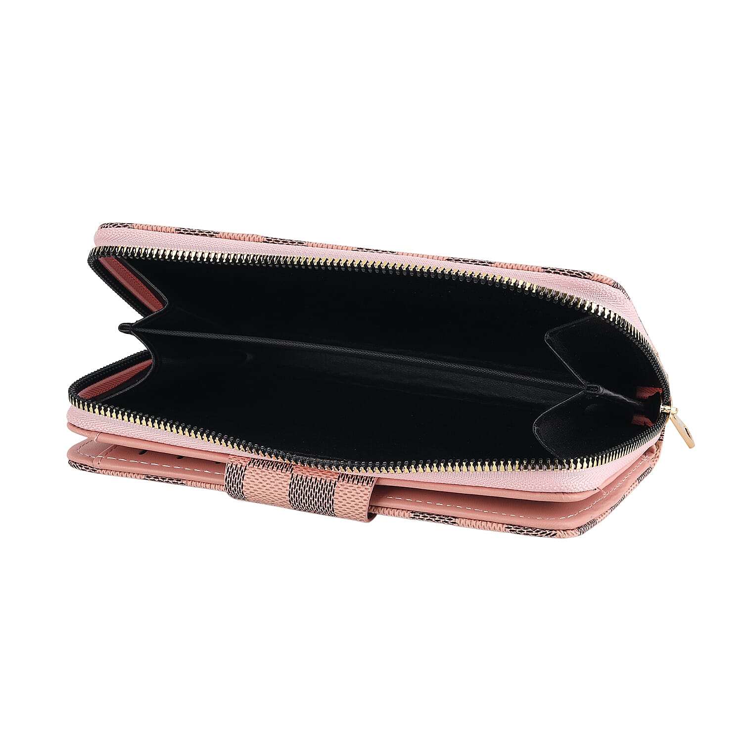Set of 2 RFID Blocking Checkered Wallet and Compact Square Mirror - Pink