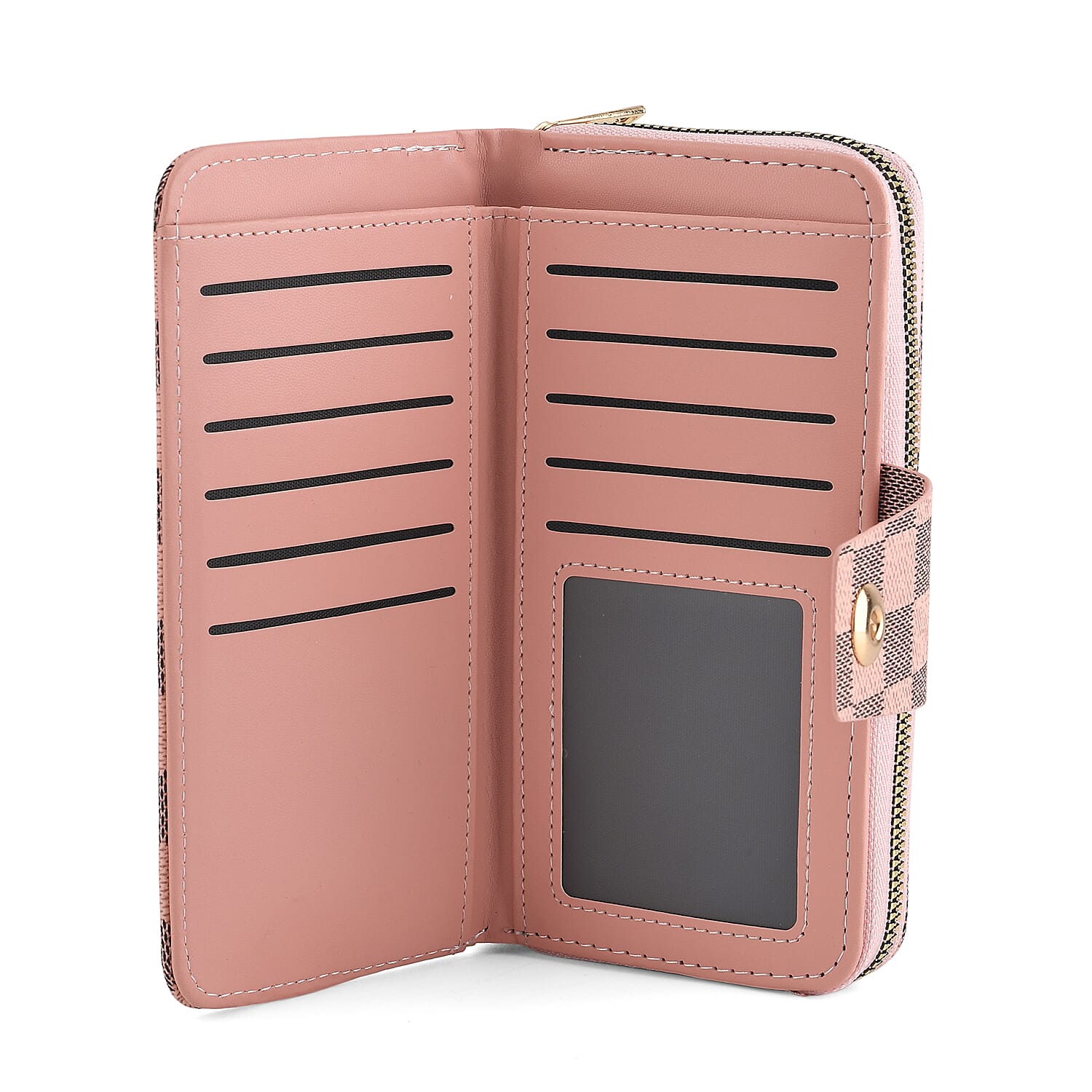 Set of 2 RFID Blocking Checkered Wallet and Compact Square Mirror - Pink