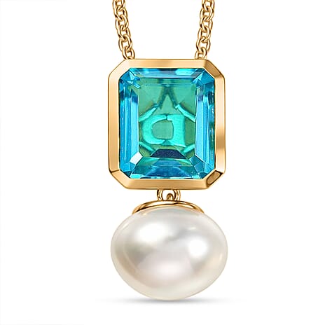 D'Joy Capri Blue Quartz & Fresh Water Pearl Drop Pendant with Chain (Size 20) in Yellow Gold Tone 11.70 Ct.