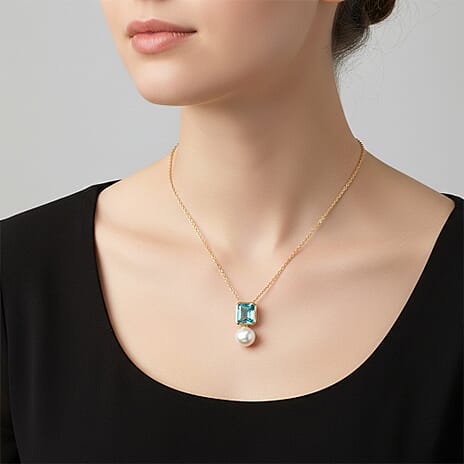 D'Joy Capri Blue Quartz & Fresh Water Pearl Drop Pendant with Chain (Size 20) in Yellow Gold Tone 11.70 Ct.