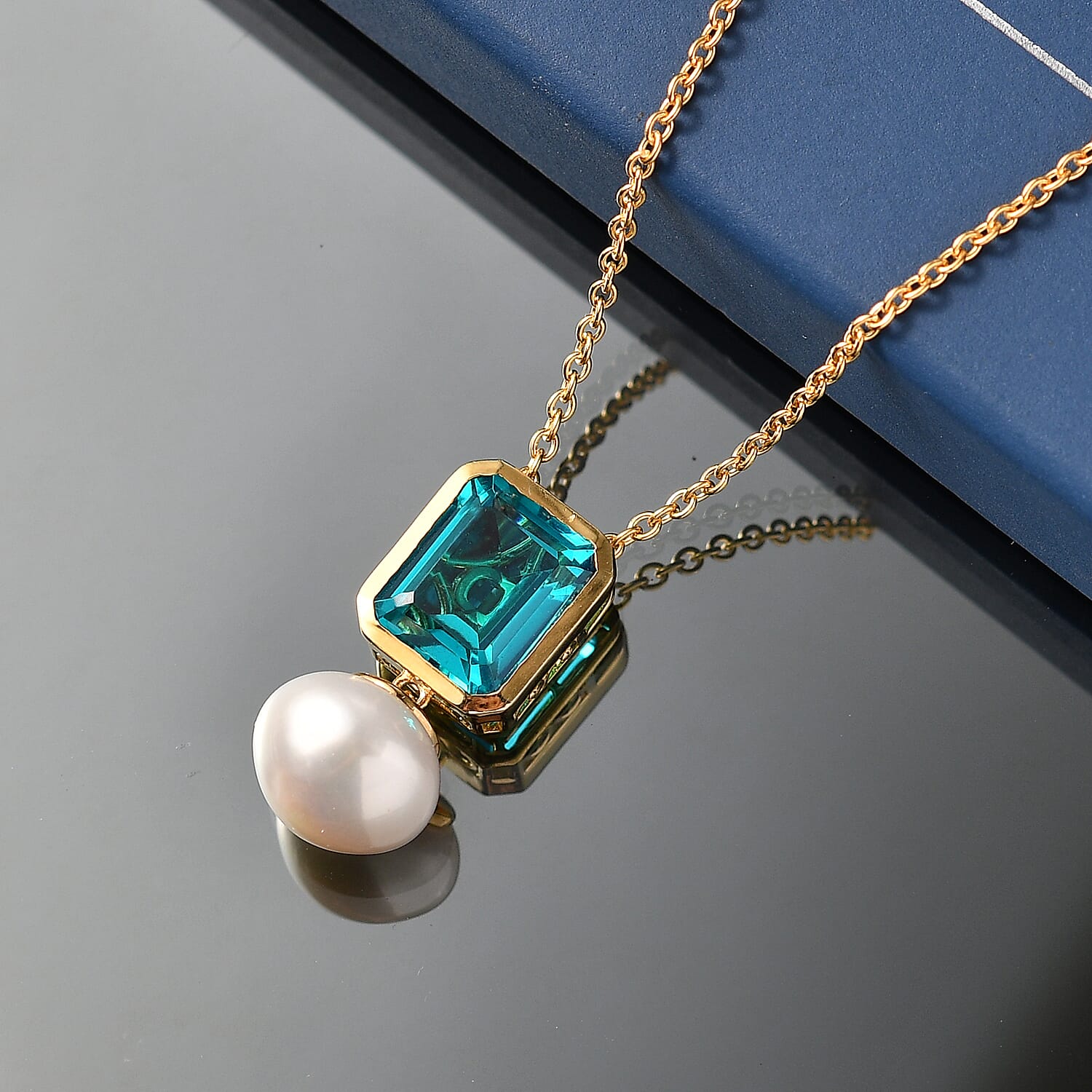 D'Joy Capri Blue Quartz & Fresh Water Pearl Drop Pendant with Chain (Size 20) in Yellow Gold Tone 11.70 Ct.