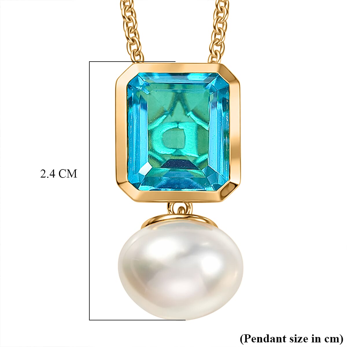 D'Joy Capri Blue Quartz & Fresh Water Pearl Drop Pendant with Chain (Size 20) in Yellow Gold Tone 11.70 Ct.