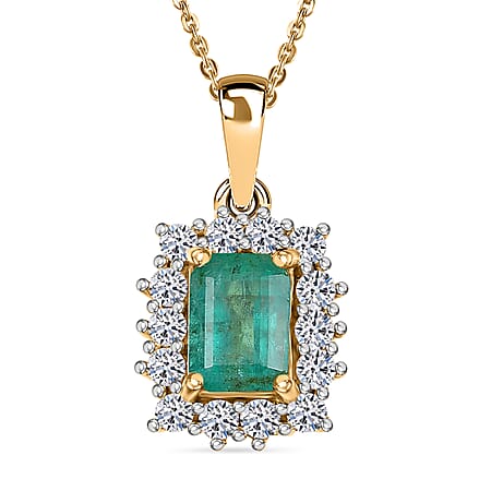 AAA Gemfields Zambian Emerald, Lab Grown Diamond Halo Pendant with Chain (20 Inch) 18K Yellow Vermeil Sterling Silver 1.42 Ct.