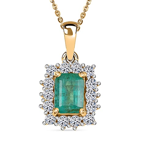 AAA Gemfields Zambian Emerald (Oct 1.00 Cts) and Lab Grown Diamond (SI-G-H 0.35 Cts)   Pendant with Chain (20 Inch) 18K Yellow Vermeil  Sterling Silver 1.42 Ct.