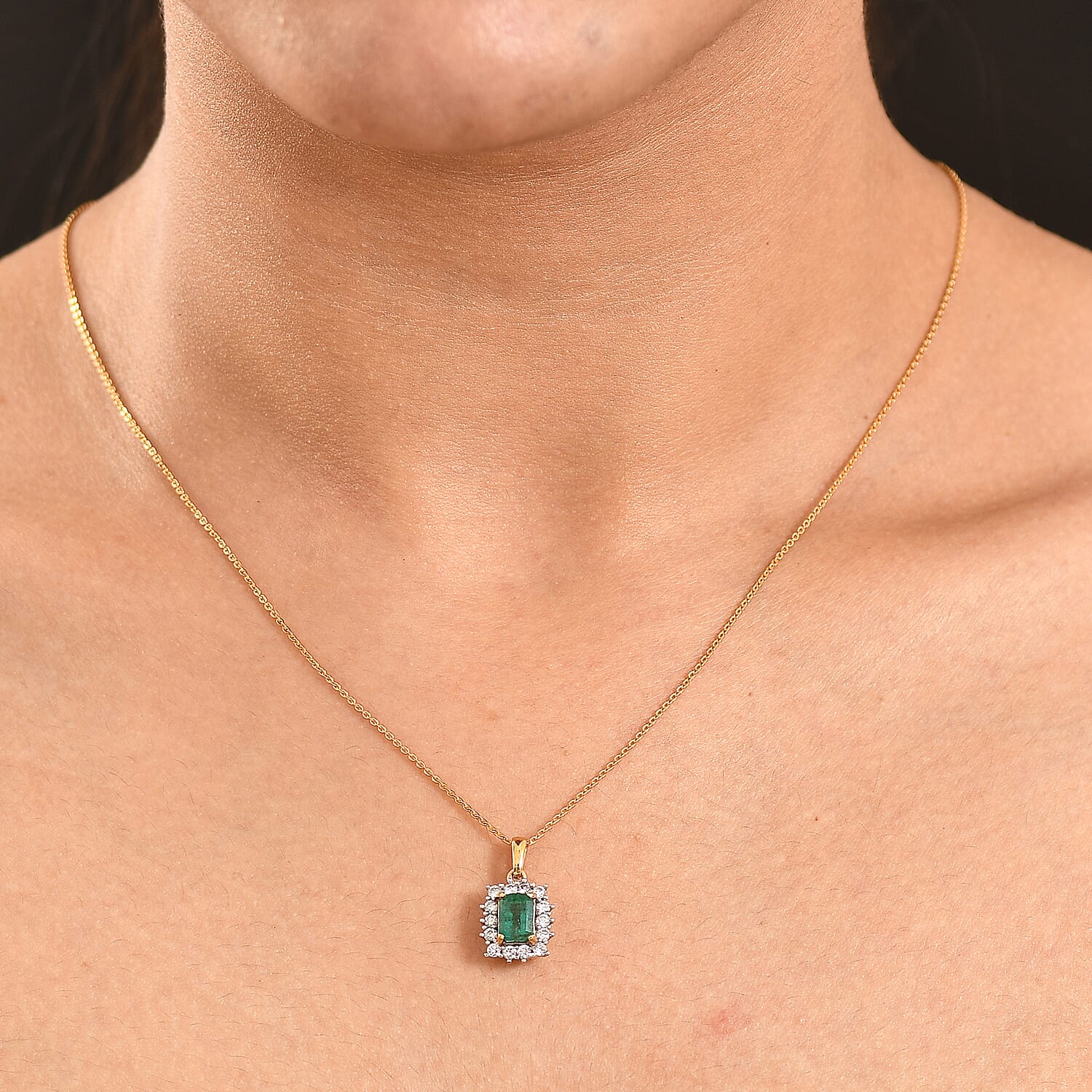 AAA Gemfields Zambian Emerald (Oct 1.00 Cts) and Lab Grown Diamond (SI-G-H 0.35 Cts)   Pendant with Chain (20 Inch) 18K Yellow Vermeil  Sterling Silver 1.42 Ct.