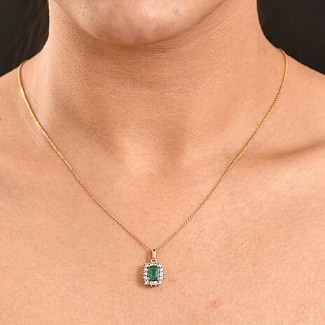 AAA Gemfields Zambian Emerald (Oct 1.00 Cts) and Lab Grown Diamond (SI-G-H 0.35 Cts)   Pendant with Chain (20 Inch) 18K Yellow Vermeil  Sterling Silver 1.42 Ct.