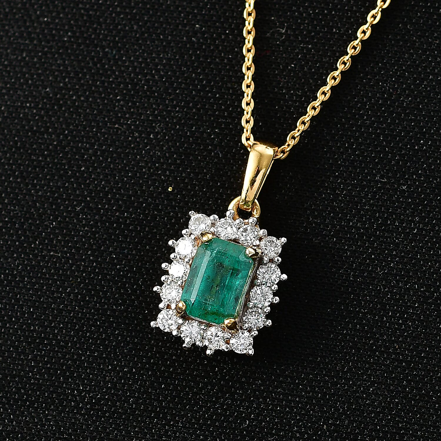 AAA Gemfields Zambian Emerald (Oct 1.00 Cts) and Lab Grown Diamond (SI-G-H 0.35 Cts)   Pendant with Chain (20 Inch) 18K Yellow Vermeil  Sterling Silver 1.42 Ct.