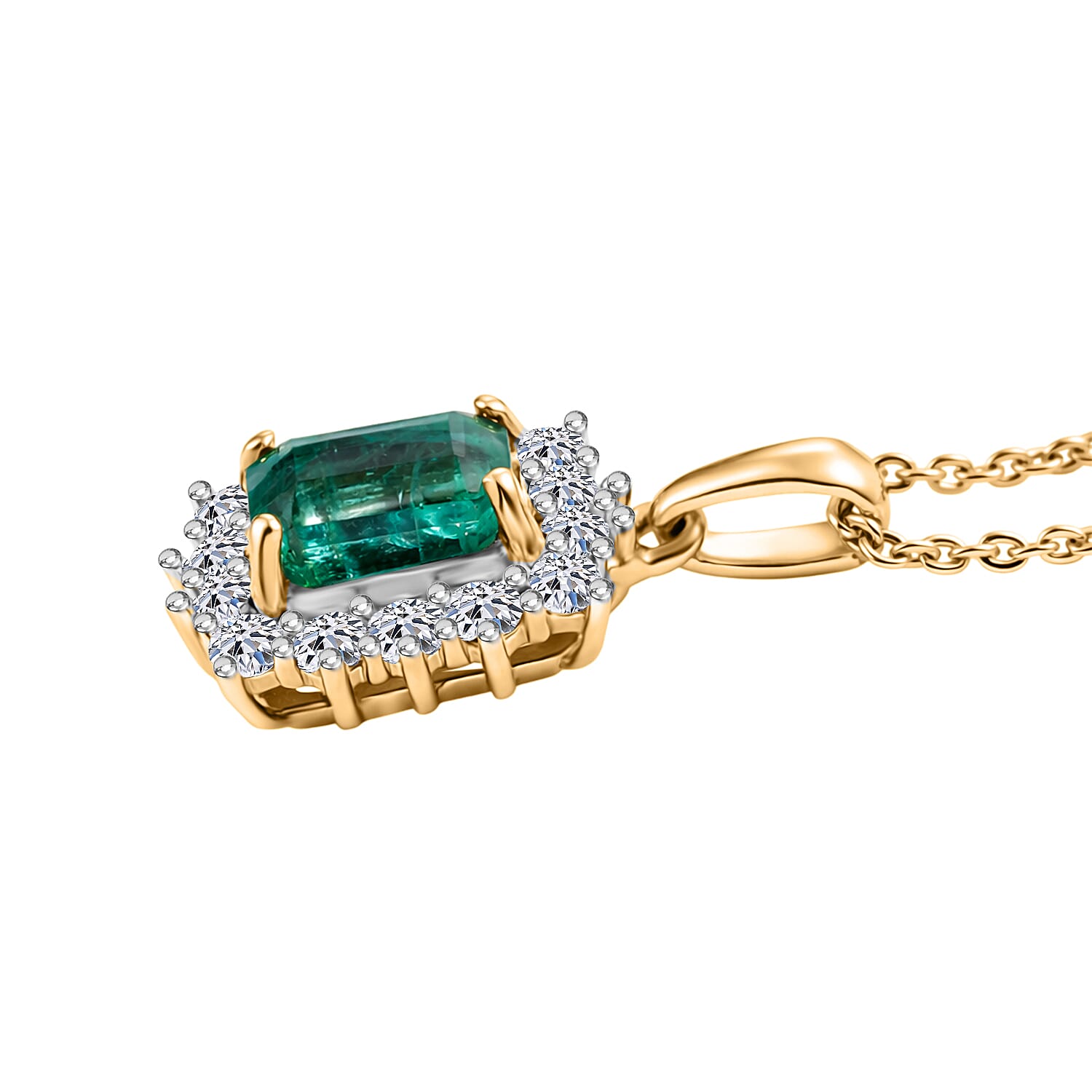 AAA Gemfields Zambian Emerald (Oct 1.00 Cts) and Lab Grown Diamond (SI-G-H 0.35 Cts)   Pendant with Chain (20 Inch) 18K Yellow Vermeil  Sterling Silver 1.42 Ct.