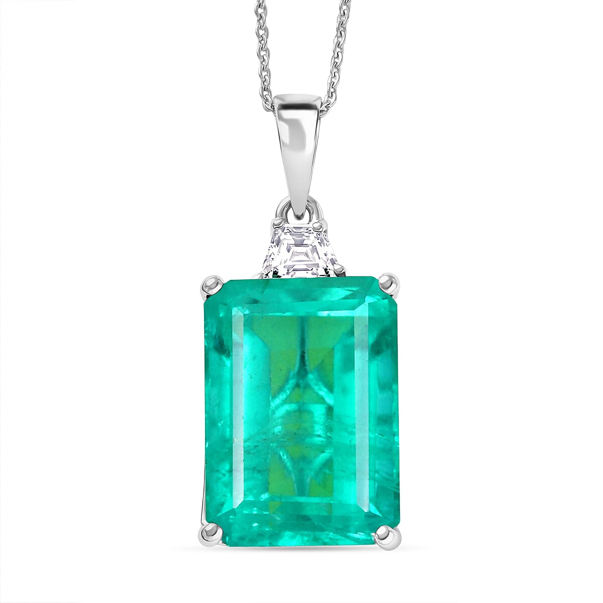 D'Joy Emeraldine Triplet Quartz & White Zircon Solitaire Pendant with Chain (Size 20) in Rhodium Overlay Sterling Silver 18.27 Ct.
