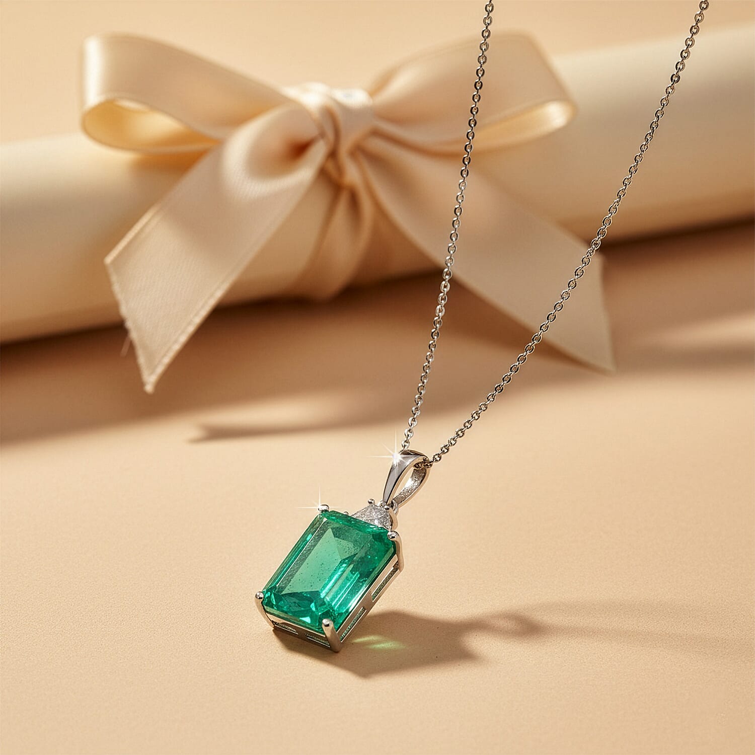 D'Joy Emeraldine Triplet Quartz & White Zircon Solitaire Pendant with Chain (Size 20) in Rhodium Overlay Sterling Silver 18.27 Ct.