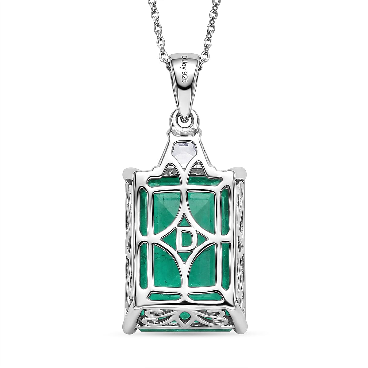 D'Joy Emeraldine Triplet Quartz & White Zircon Solitaire Pendant with Chain (Size 20) in Rhodium Overlay Sterling Silver 18.27 Ct.