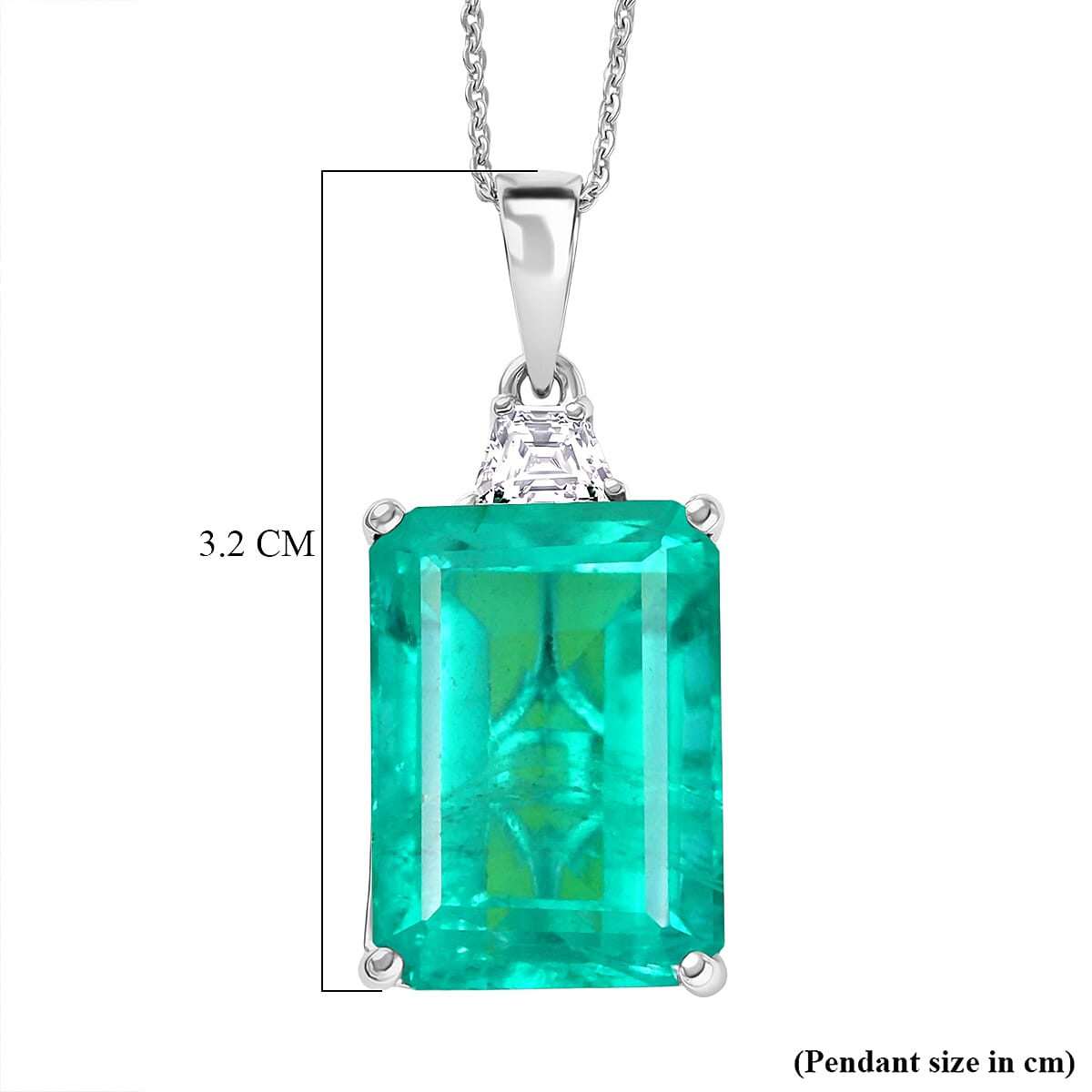 D'Joy Emeraldine Triplet Quartz & White Zircon Solitaire Pendant with Chain (Size 20) in Rhodium Overlay Sterling Silver 18.27 Ct.