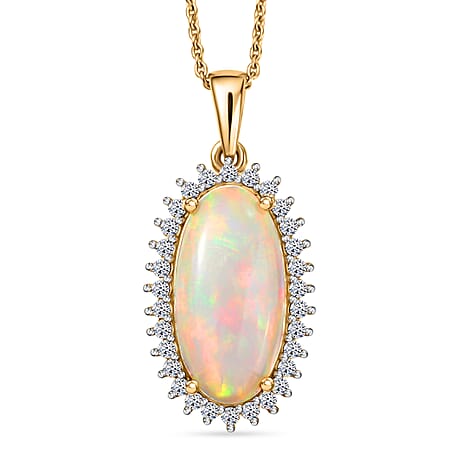 Luxuriant Ethiopian Opal & SI-G-H Lab Grown Diamond Halo Pendant with Chain (Size 20) in 18K Vermeil Yellow Gold Plated Sterling Silver 3.47 Ct.