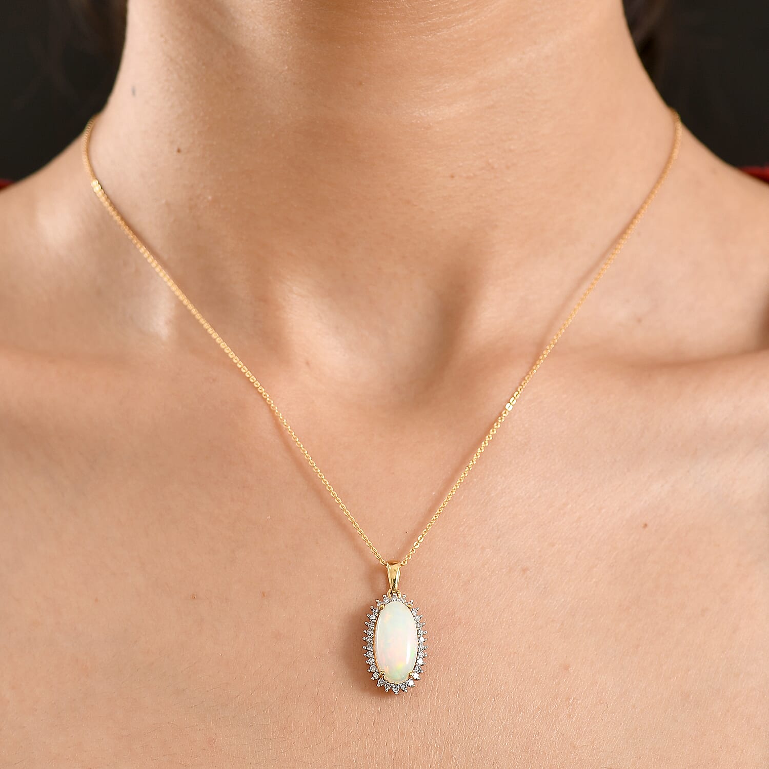 Luxuriant Ethiopian Opal & SI-G-H Lab Grown Diamond Halo Pendant with Chain (Size 20) in 18K Vermeil Yellow Gold Plated Sterling Silver 3.47 Ct.