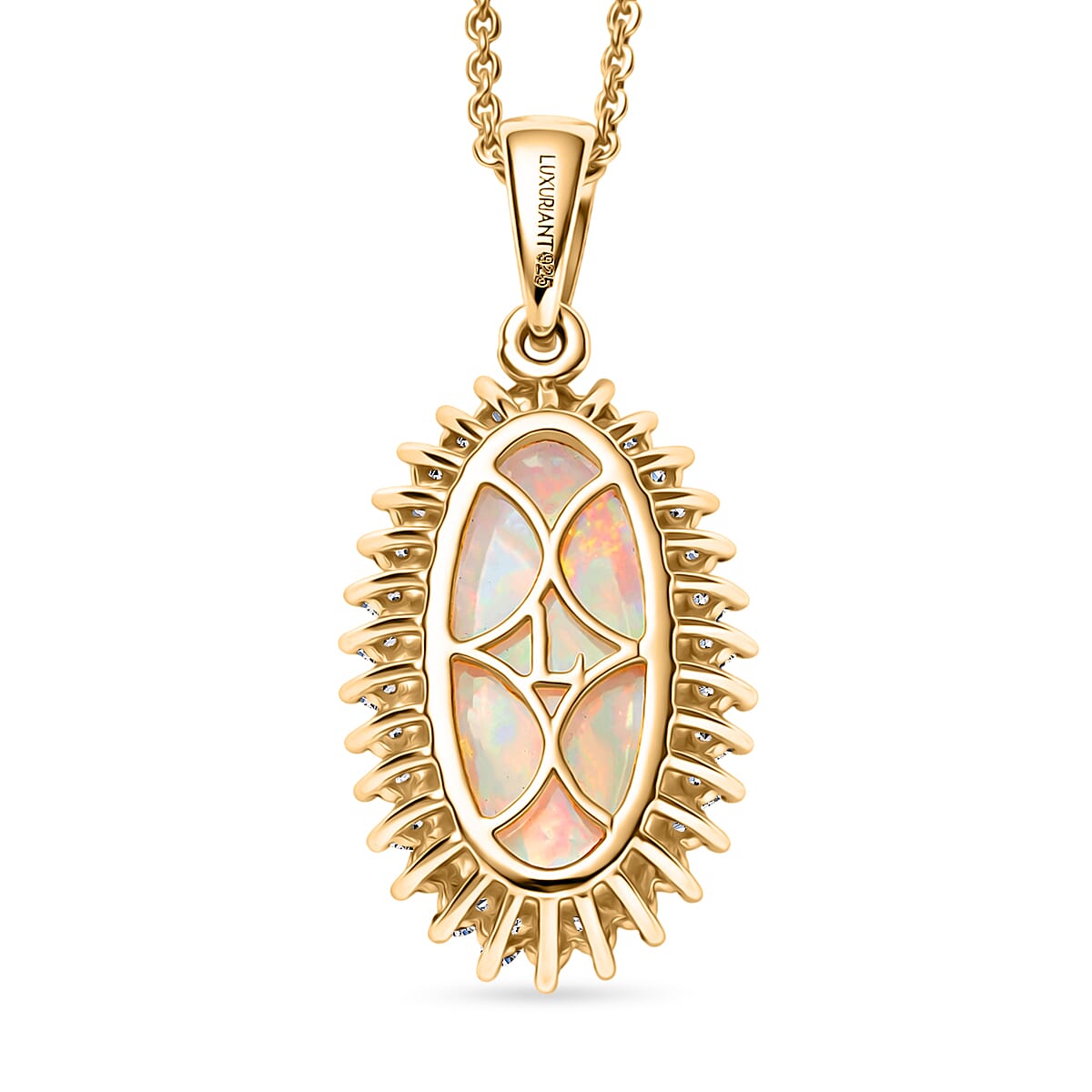 Luxuriant Ethiopian Opal & SI-G-H Lab Grown Diamond Halo Pendant with Chain (Size 20) in 18K Vermeil Yellow Gold Plated Sterling Silver 3.47 Ct.