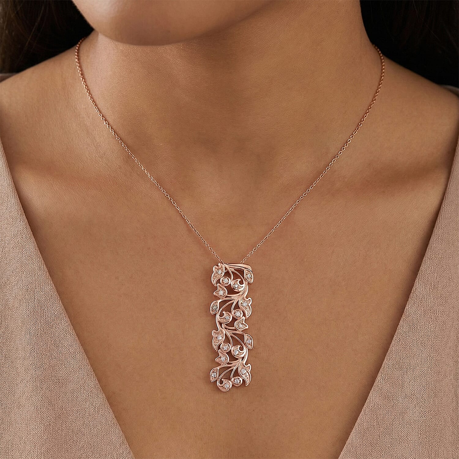 D'Joy Natural Pink Diamond Pendant with Chain (Size 20) in 18K Vermeil Rose Gold Plated Sterling Silver