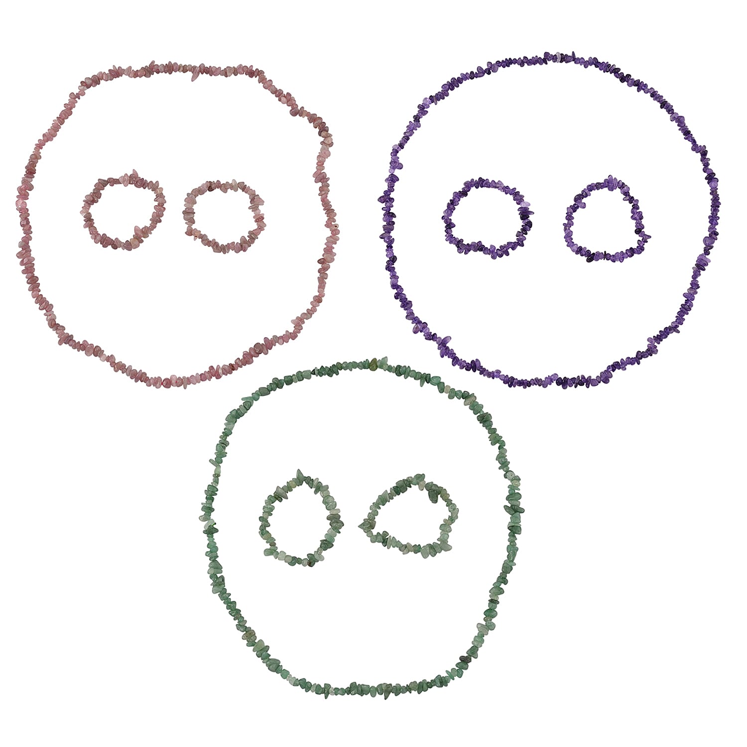 Set of 3 - Green Aventurine, Madagascar Rose Quartz & African Amethyst Chips Necklace (Size - 32) & 6 Pcs of Stretchable Bracelet (Size - 7) 1350.00 Ct.