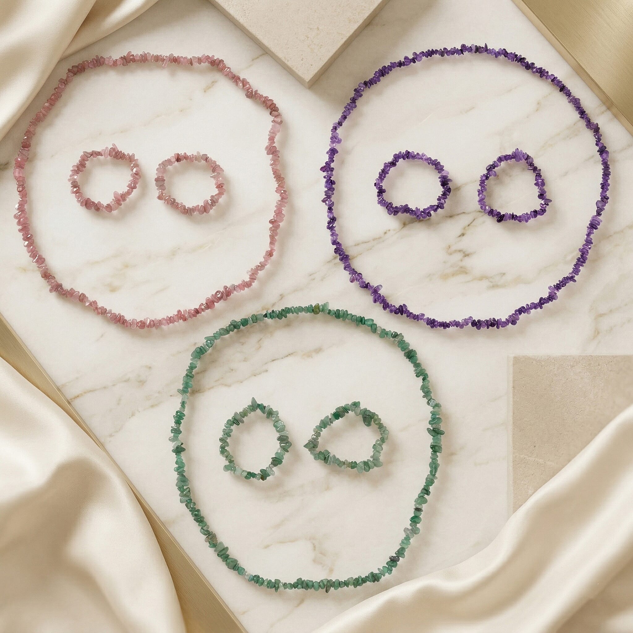 Set of 3 - Green Aventurine, Madagascar Rose Quartz & African Amethyst Chips Necklace (Size - 32) & 6 Pcs of Stretchable Bracelet (Size - 7) 1350.00 Ct.