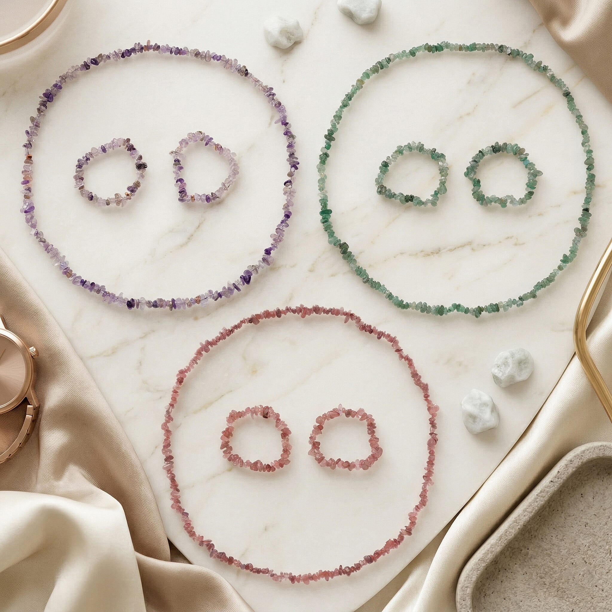 Set of 3 - Strawberry Quartz, Cacoxenite, Cherry Quartz & Green Kiwi Quartz Chips Necklace (Size - 32) & 6 pcs of Stretchable Bracelet (Size - 7) 1350.00 Ct.