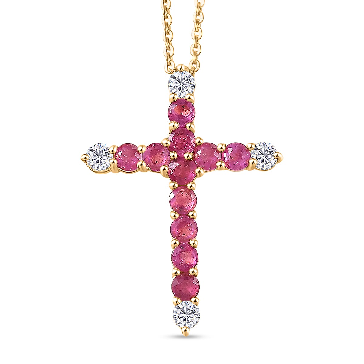African Rub & White Zircon Cross Pendant with Chain (Size 20) in Yellow Gold Plated Sterling Silver 1.54 Ct.