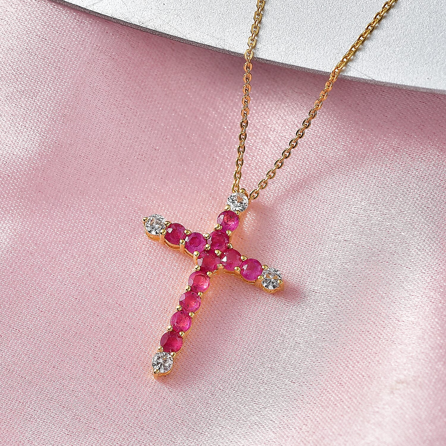 African Rub & White Zircon Cross Pendant with Chain (Size 20) in Yellow Gold Plated Sterling Silver 1.54 Ct.