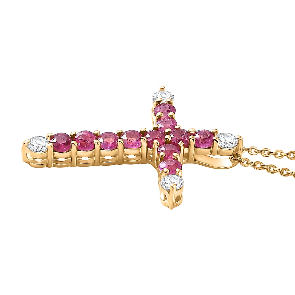 African Rub & White Zircon Cross Pendant with Chain (Size 20) in Yellow Gold Plated Sterling Silver 1.54 Ct.