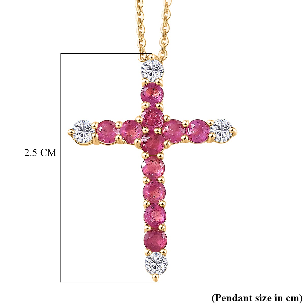 African Rub & White Zircon Cross Pendant with Chain (Size 20) in Yellow Gold Plated Sterling Silver 1.54 Ct.