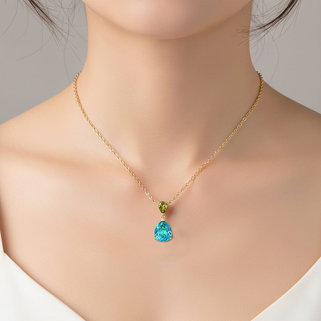 D'Joy Capri Blue Quartz & Peridot Pear Cut Pendant with Chain (Size 20) in Yellow Gold Tone 4.32 Ct.