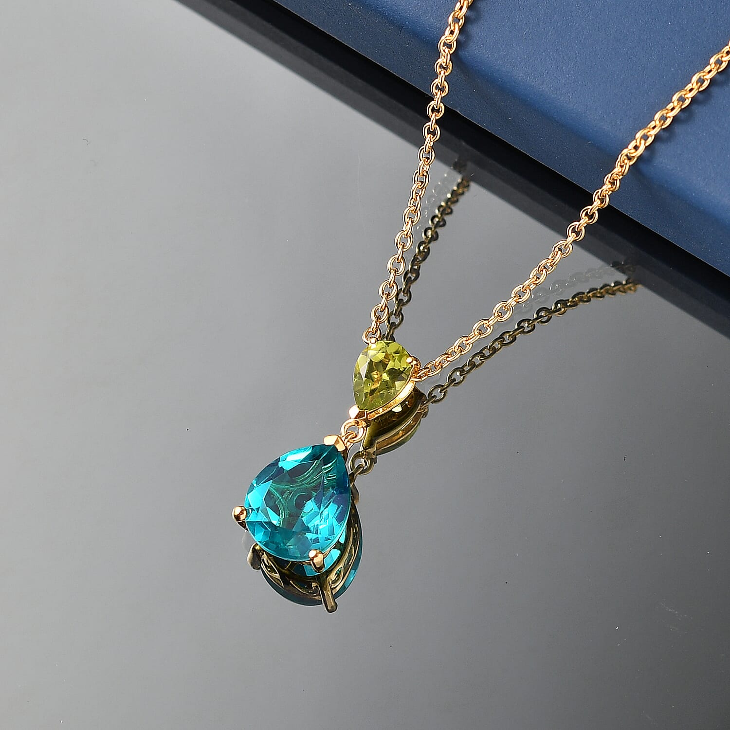 D'Joy Capri Blue Quartz & Peridot Pear Cut Pendant with Chain (Size 20) in Yellow Gold Tone 4.32 Ct.