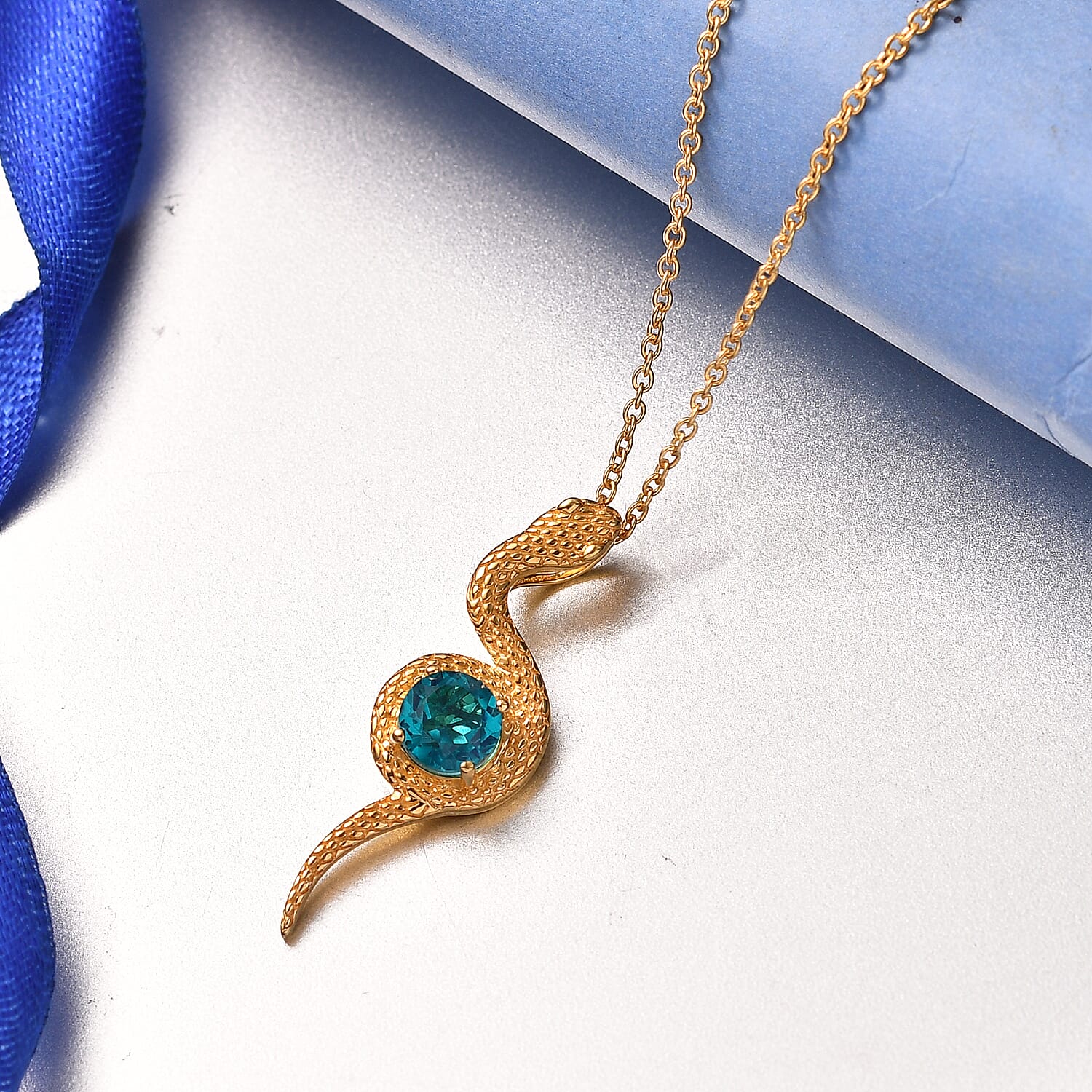 D'Joy Capri Blue Quartz Pendant with Chain (Size 20) in Yellow Gold Tone 1.57 Ct.