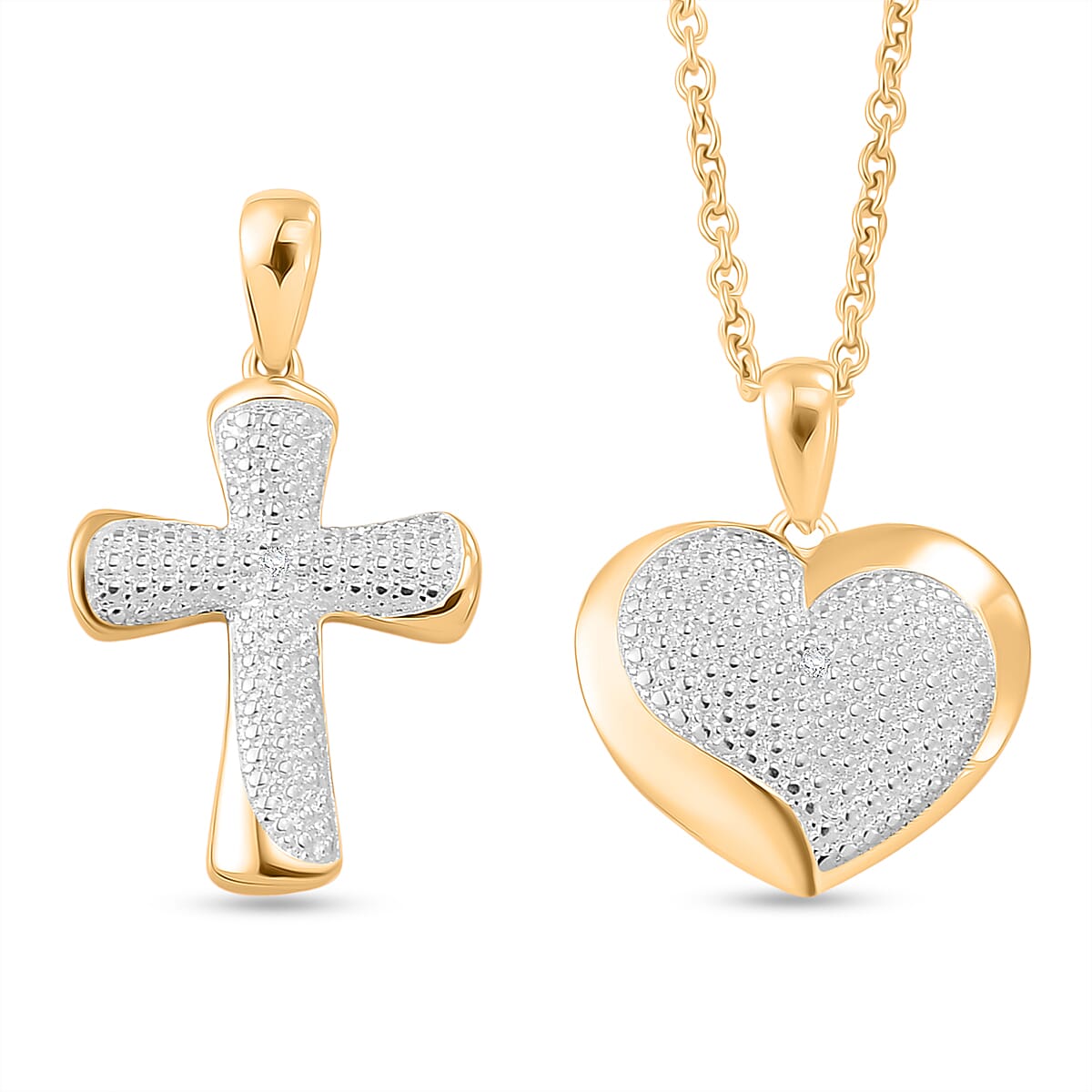 EverTrue Set of 2 - SI-G-H Lab Grown Diamond Cross & Heart Pendant with Chain (Size 20) in Yellow Gold Tone