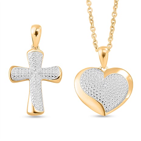 EverTrue Set of 2 - SI-G-H Lab Grown Diamond Cross & Heart Pendant with Chain (Size 20) in Yellow Gold Tone