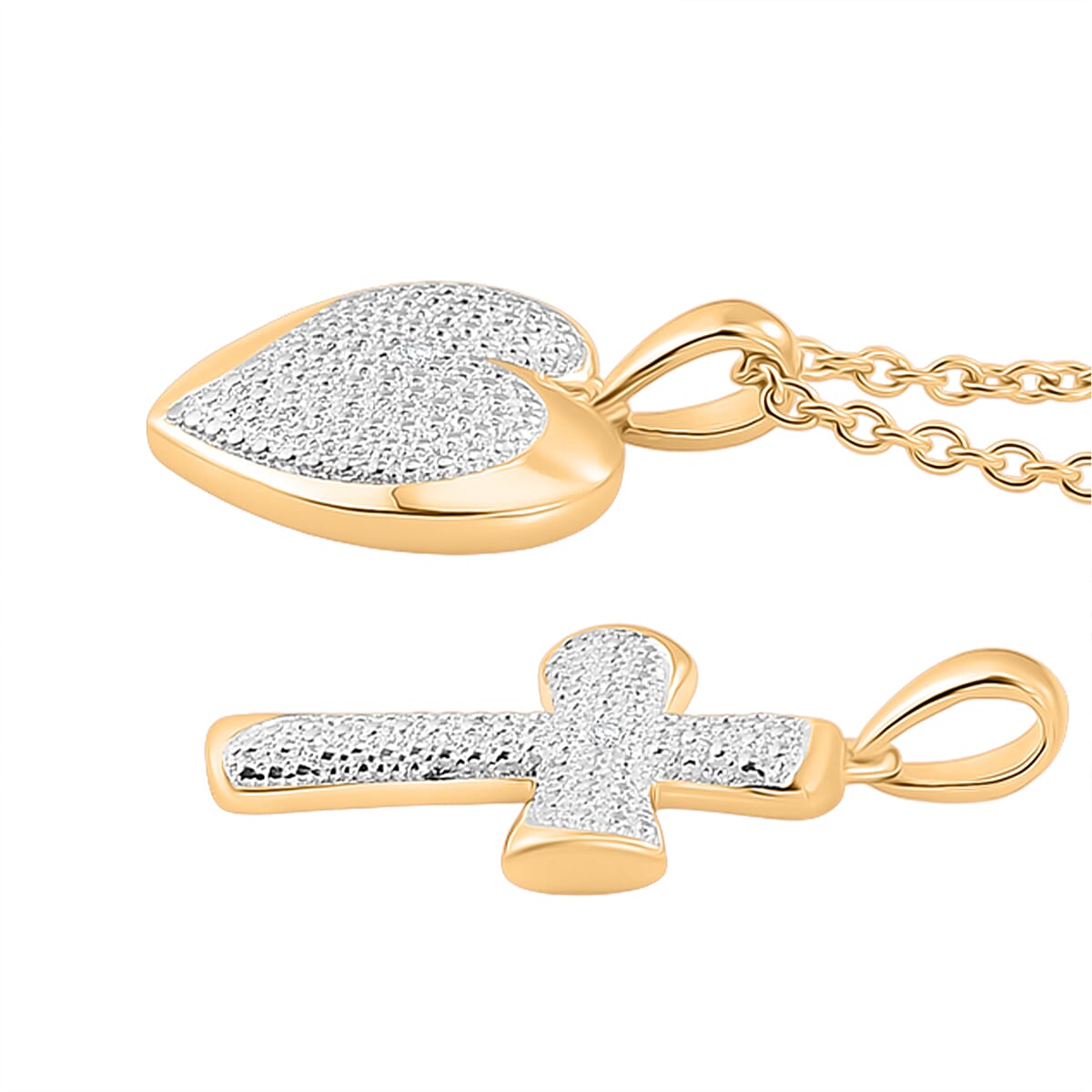 EverTrue Set of 2 - SI-G-H Lab Grown Diamond Cross & Heart Pendant with Chain (Size 20) in Yellow Gold Tone