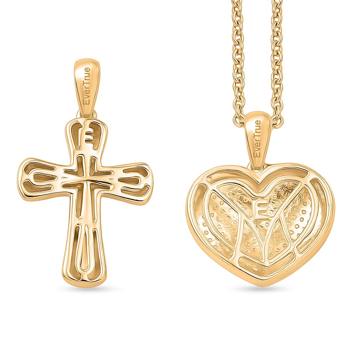 EverTrue Set of 2 - SI-G-H Lab Grown Diamond Cross & Heart Pendant with Chain (Size 20) in Yellow Gold Tone