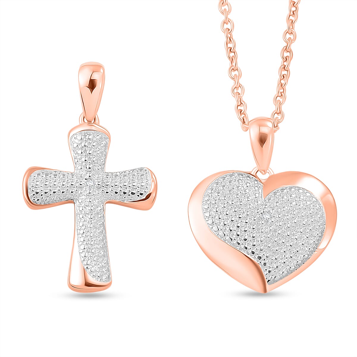 EverTrue Set of 2 - SI-G-H Lab Grown Diamond Cross & Heart Pendant with Chain (Size 20) in Rose Gold Tone