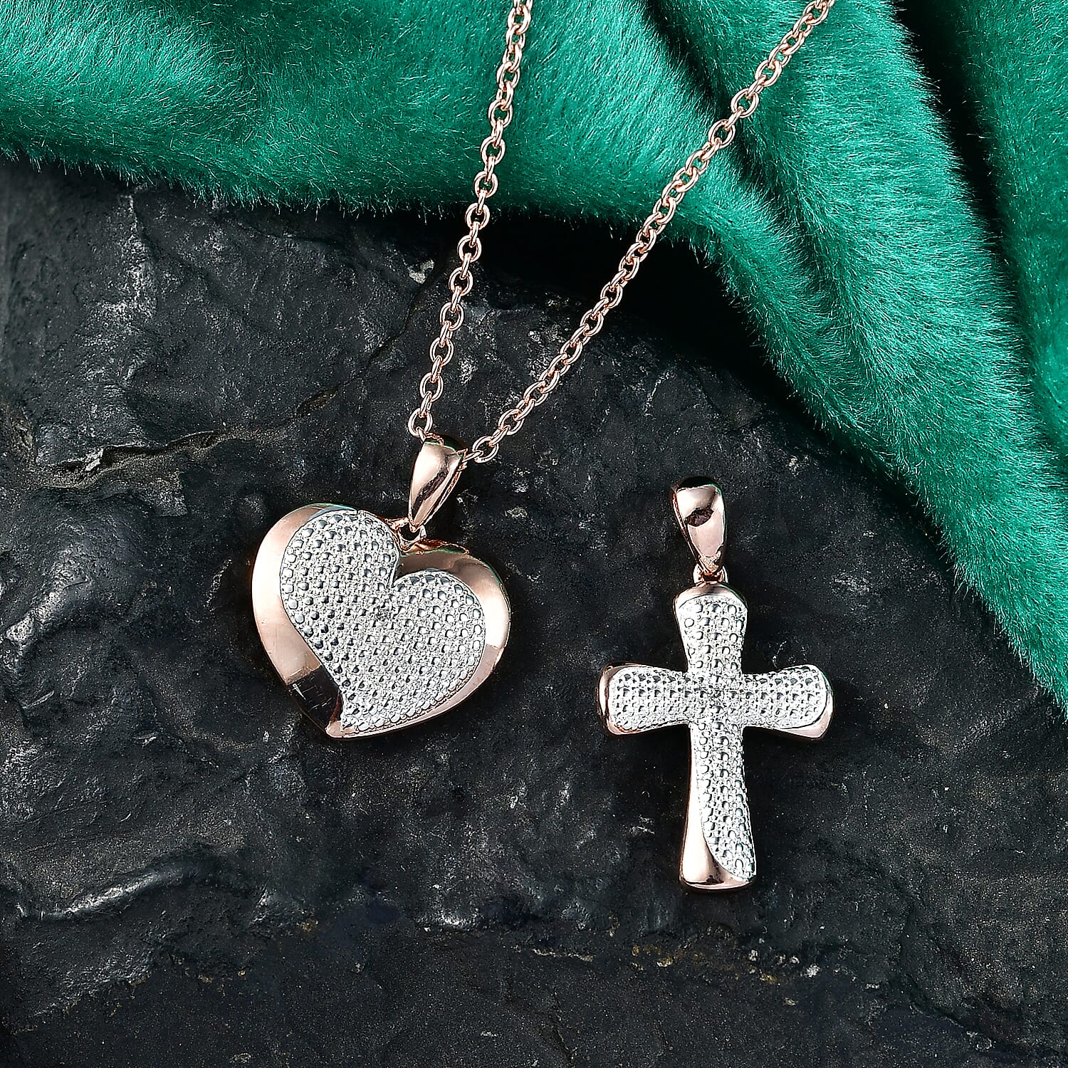 EverTrue Set of 2 - SI-G-H Lab Grown Diamond Cross & Heart Pendant with Chain (Size 20) in Rose Gold Tone