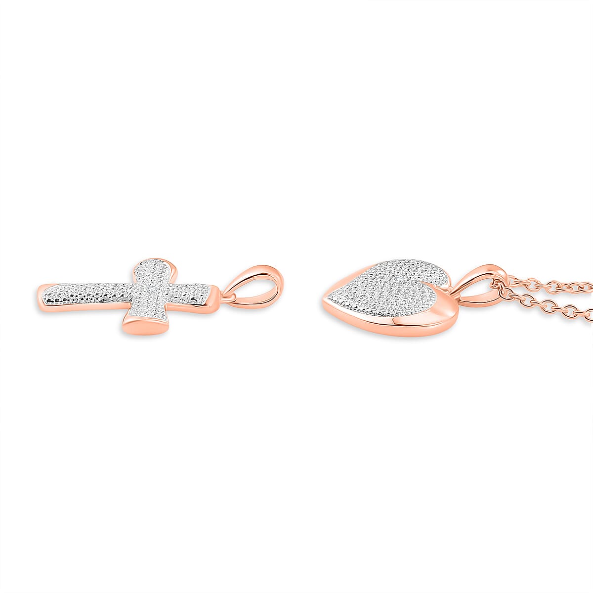 EverTrue Set of 2 - SI-G-H Lab Grown Diamond Cross & Heart Pendant with Chain (Size 20) in Rose Gold Tone