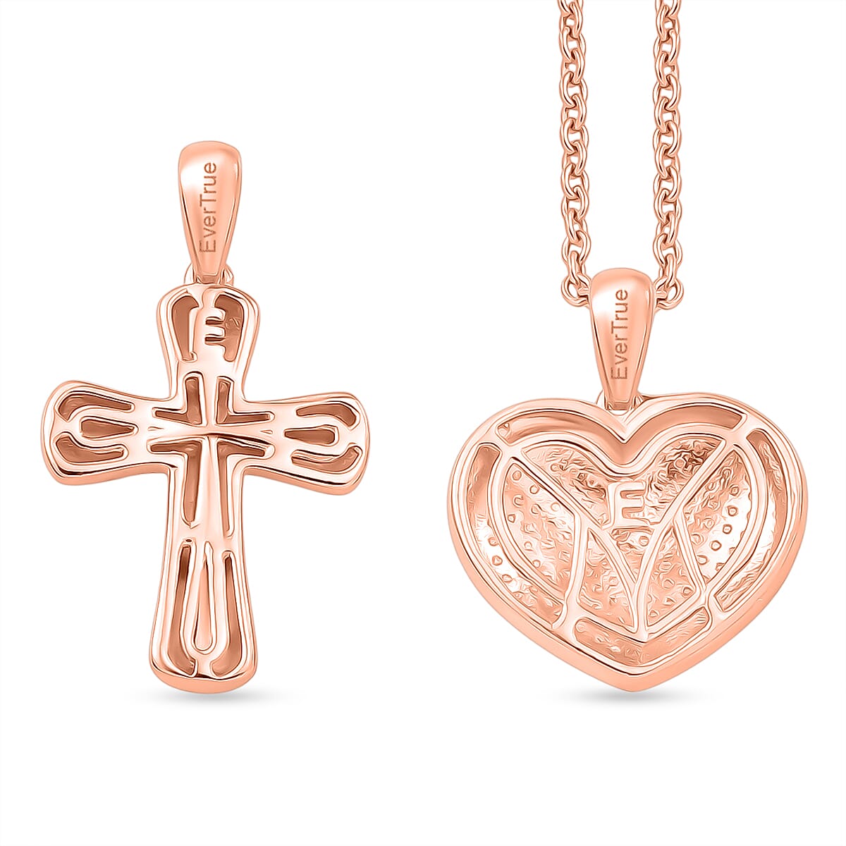 EverTrue Set of 2 - SI-G-H Lab Grown Diamond Cross & Heart Pendant with Chain (Size 20) in Rose Gold Tone