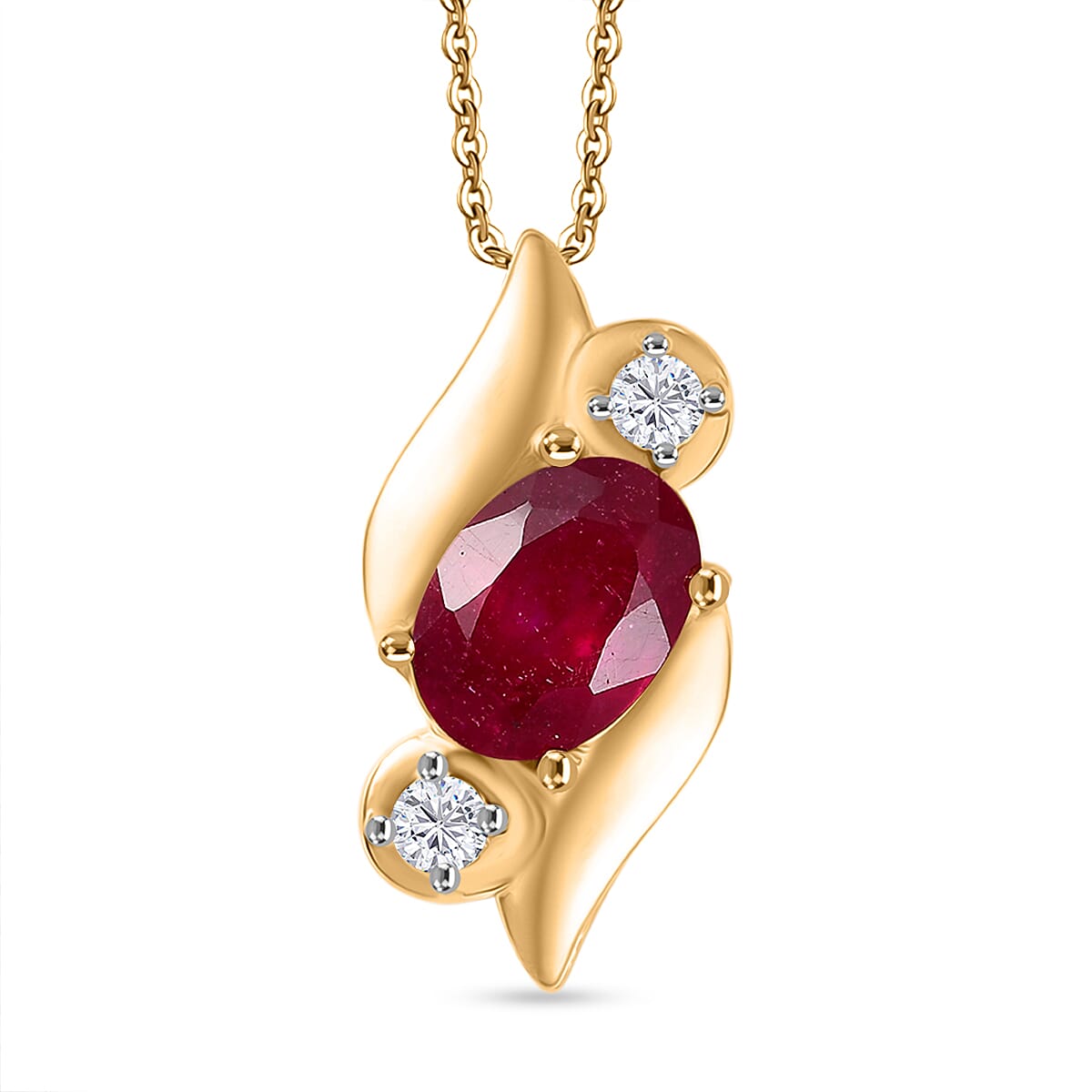 D'Joy Fissure Filled Ruby & White Zircon Pendant with Chain (Size 20)  in Yellow Gold Plated Sterling Silver 1.34 Ct.