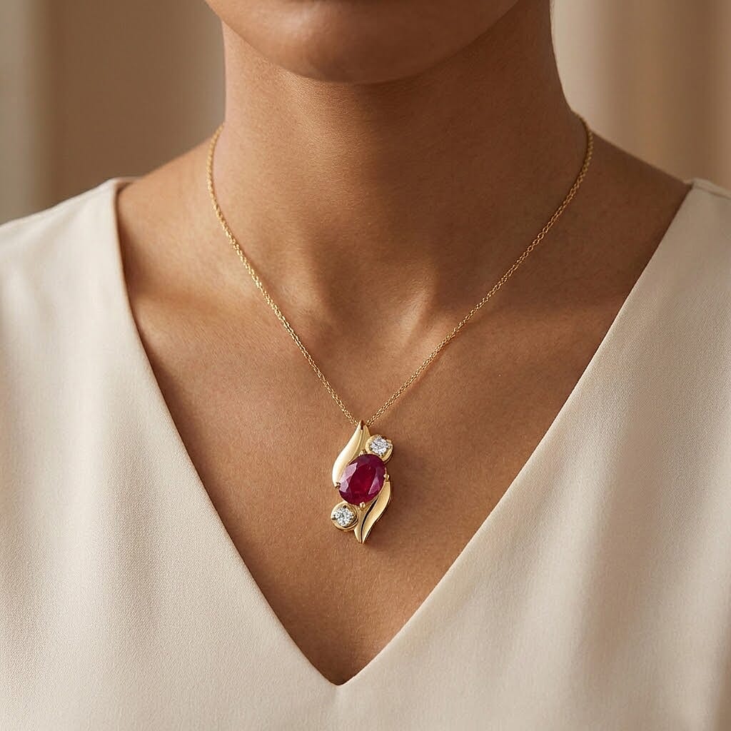 D'Joy Fissure Filled Ruby & White Zircon Pendant with Chain (Size 20)  in Yellow Gold Plated Sterling Silver 1.34 Ct.