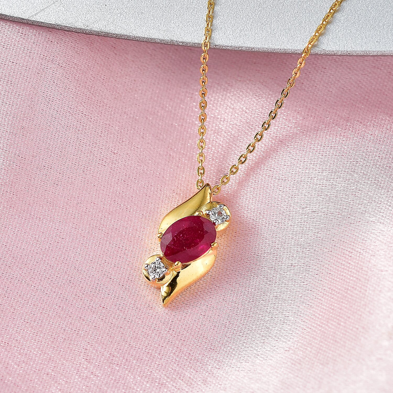 D'Joy Fissure Filled Ruby & White Zircon Pendant with Chain (Size 20)  in Yellow Gold Plated Sterling Silver 1.34 Ct.